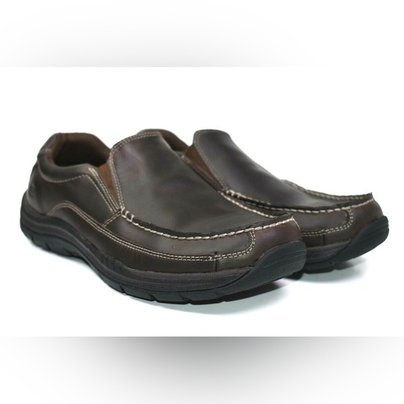 Skechers Mens Memory Relaxed Fit Brown Leather Casual Loafers- 64348 - Picture 1 of 6